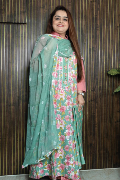 Floral Pastel Green Cotton Salwar Kameez Set