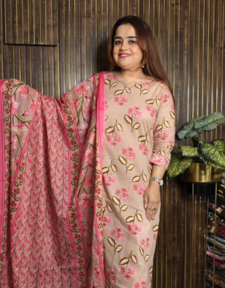 Floral Elegance Cotton Kurta Set with Dupatta