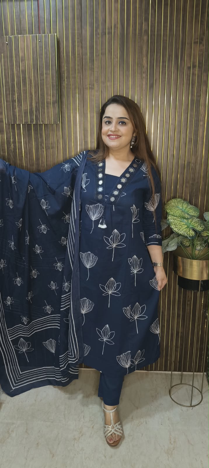 Vibrant Cotton A-Line Kurti Set with Mirror Work – Yellow | Navy | Wine