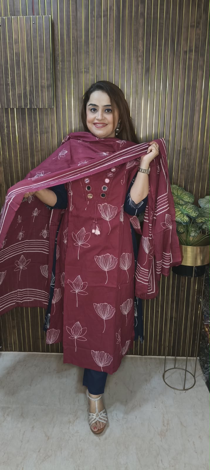 Vibrant Cotton A-Line Kurti Set with Mirror Work – Yellow | Navy | Wine