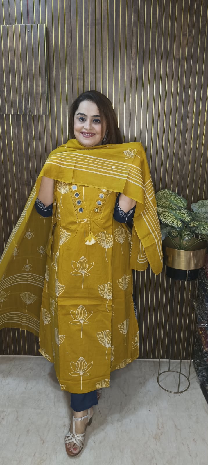 Vibrant Cotton A-Line Kurti Set with Mirror Work – Yellow | Navy | Wine