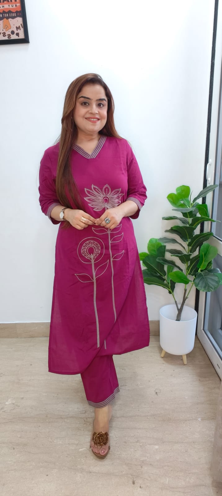 Wine Elegance Cotton Kurti Set – Trendy Two-Piece