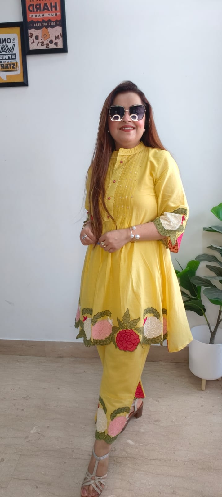 Trendy Yellow Embroidered Cord Set