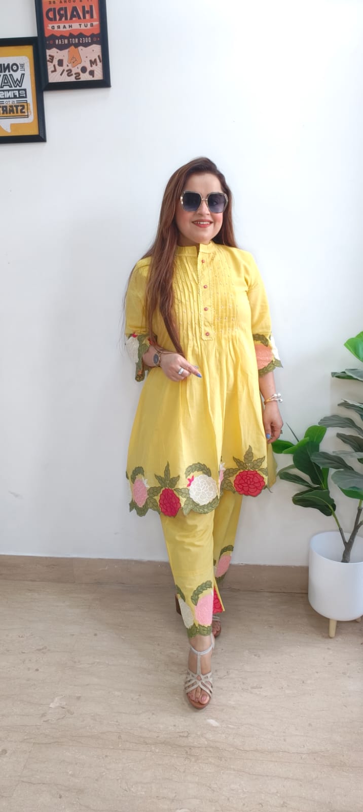 Trendy Yellow Embroidered Cord Set