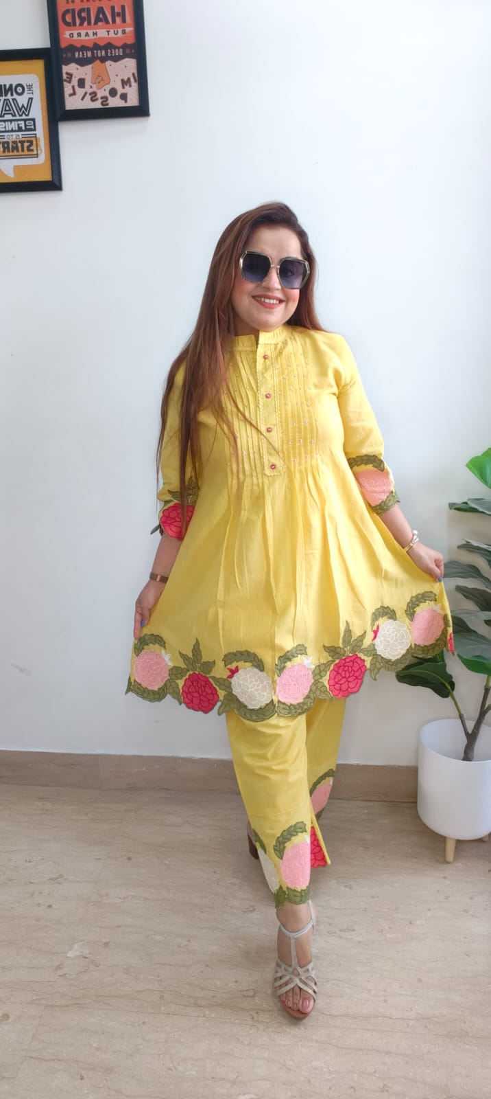 Trendy Yellow Embroidered Cord Set