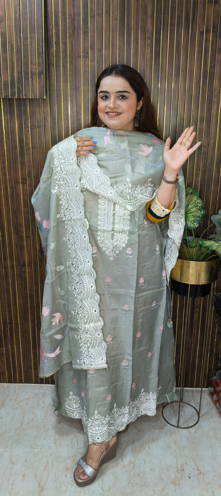 Title: Elegant Embroidery Duo: Green & Peach Suit