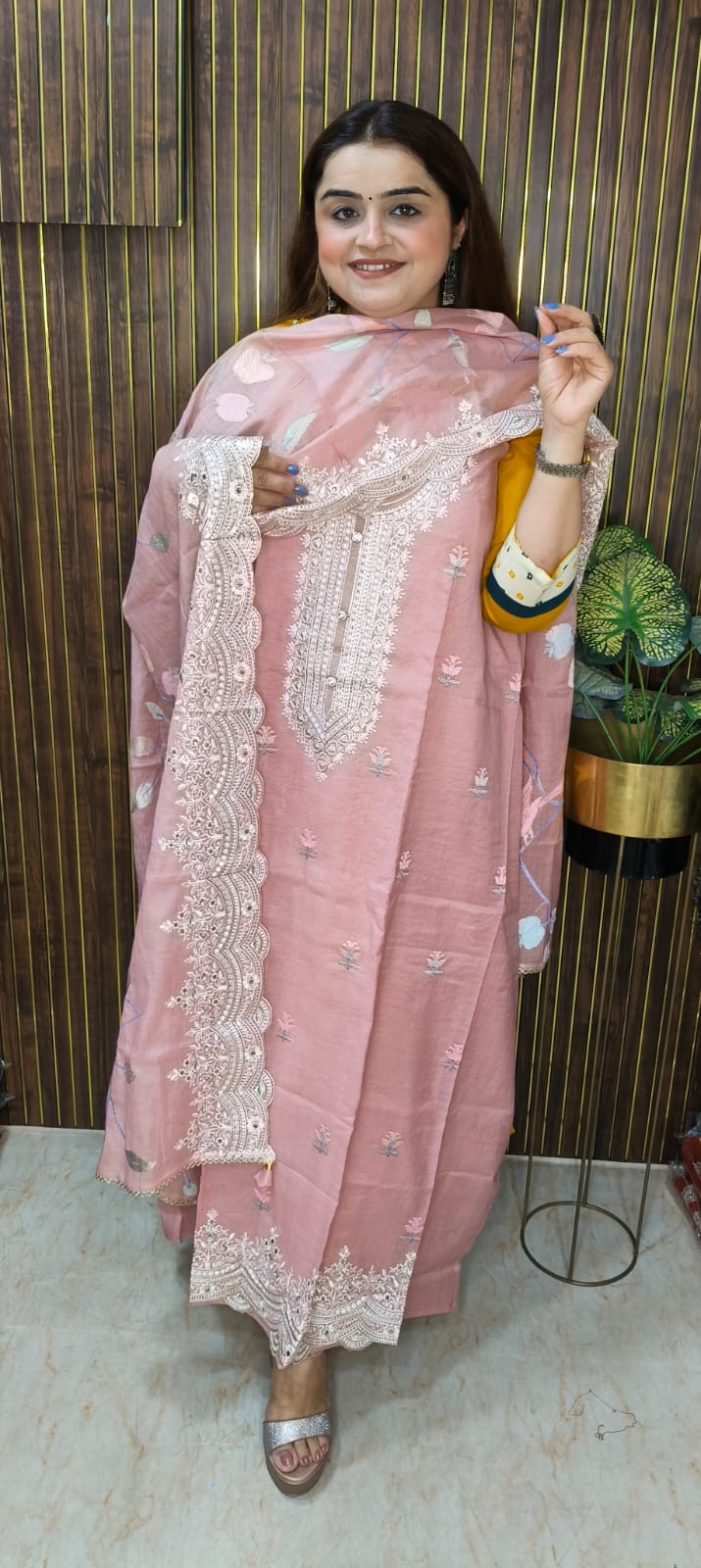 Title: Elegant Embroidery Duo: Green & Peach Suit