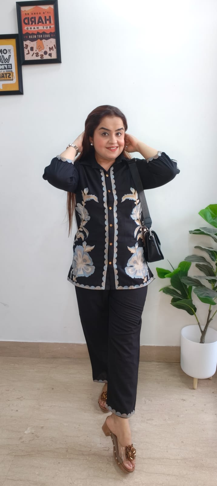 Trendy Black Cotton Cord Set with Elegant Embroidery