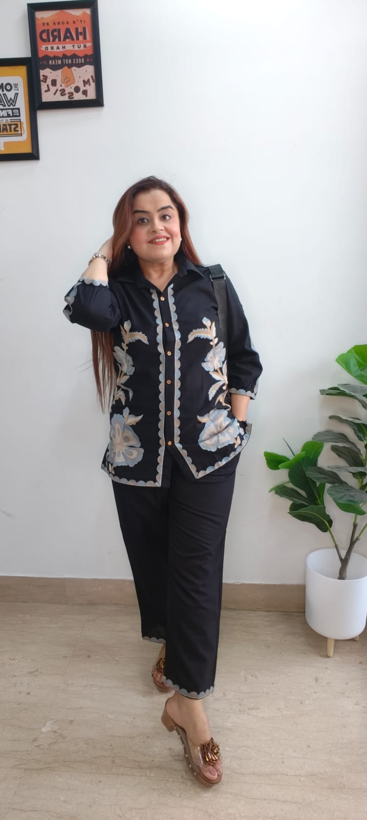 Trendy Black Cotton Cord Set with Elegant Embroidery