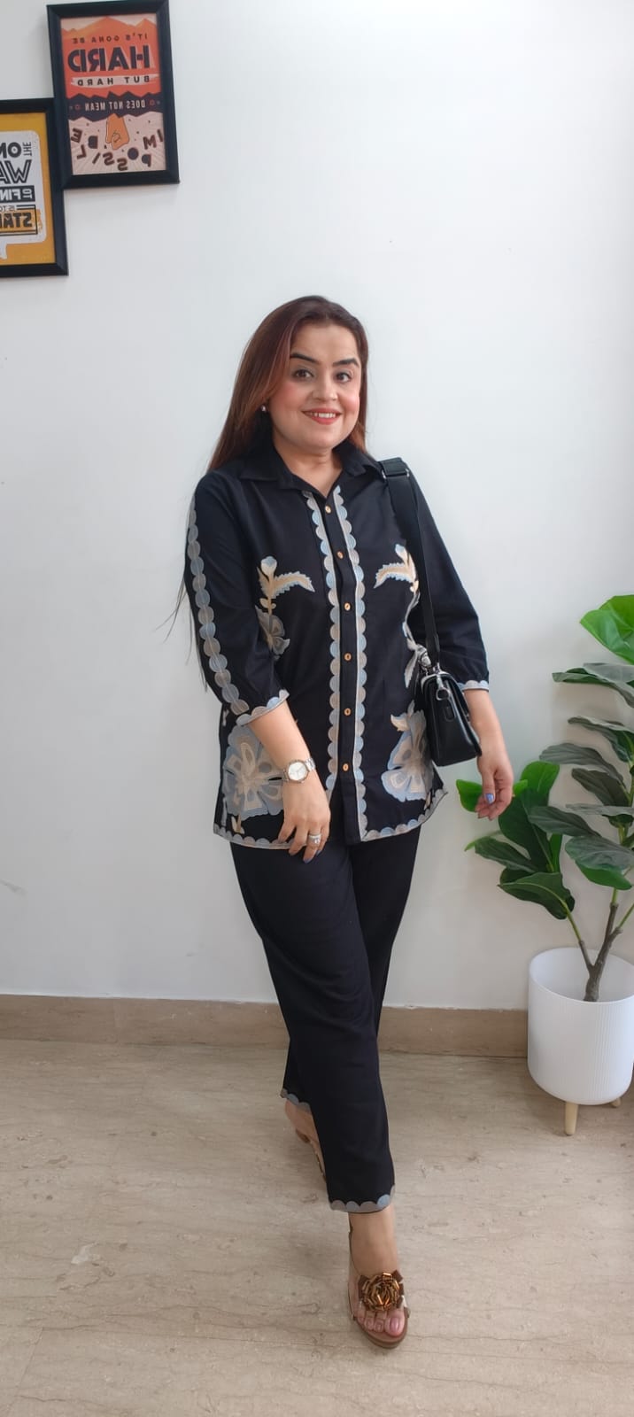 Trendy Black Cotton Cord Set with Elegant Embroidery