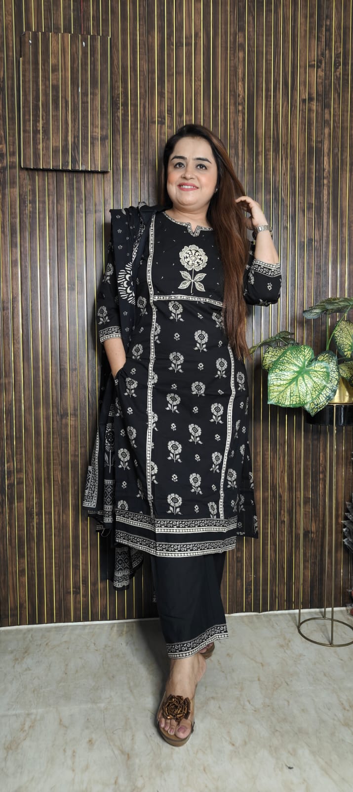 Elegant Black Cotton Kurti Set with Printed Dupatta