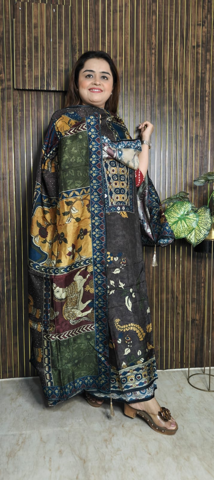 Super Premium Brown Muslin Suit with Traditional Prints