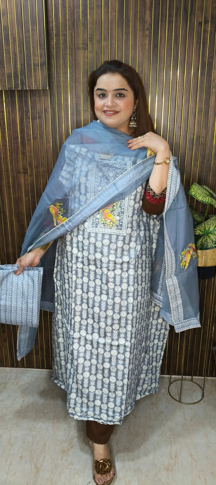 "Designer Bird embroidery Cotton print Collection."
