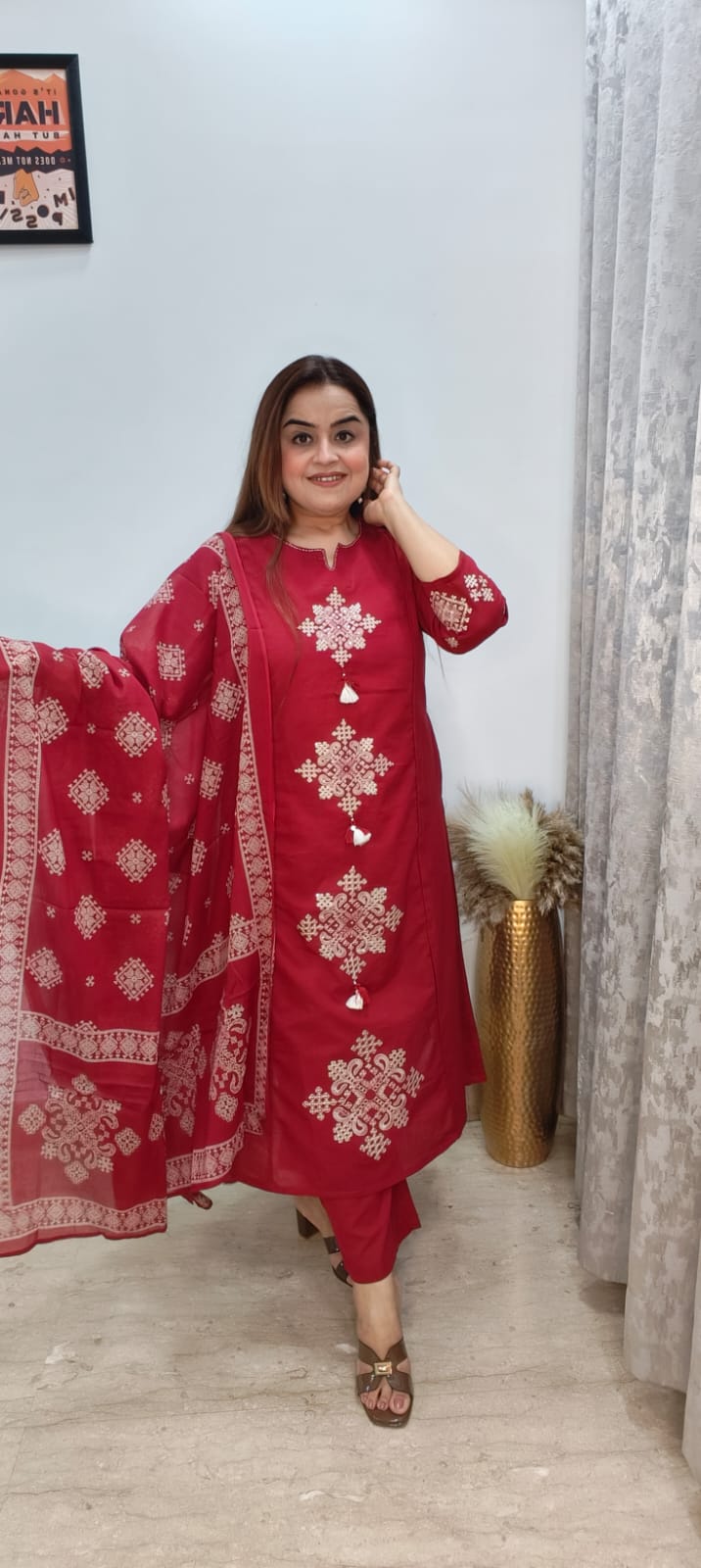 Elegant Maroon Cotton Kurti Set with Embroidered Detailing