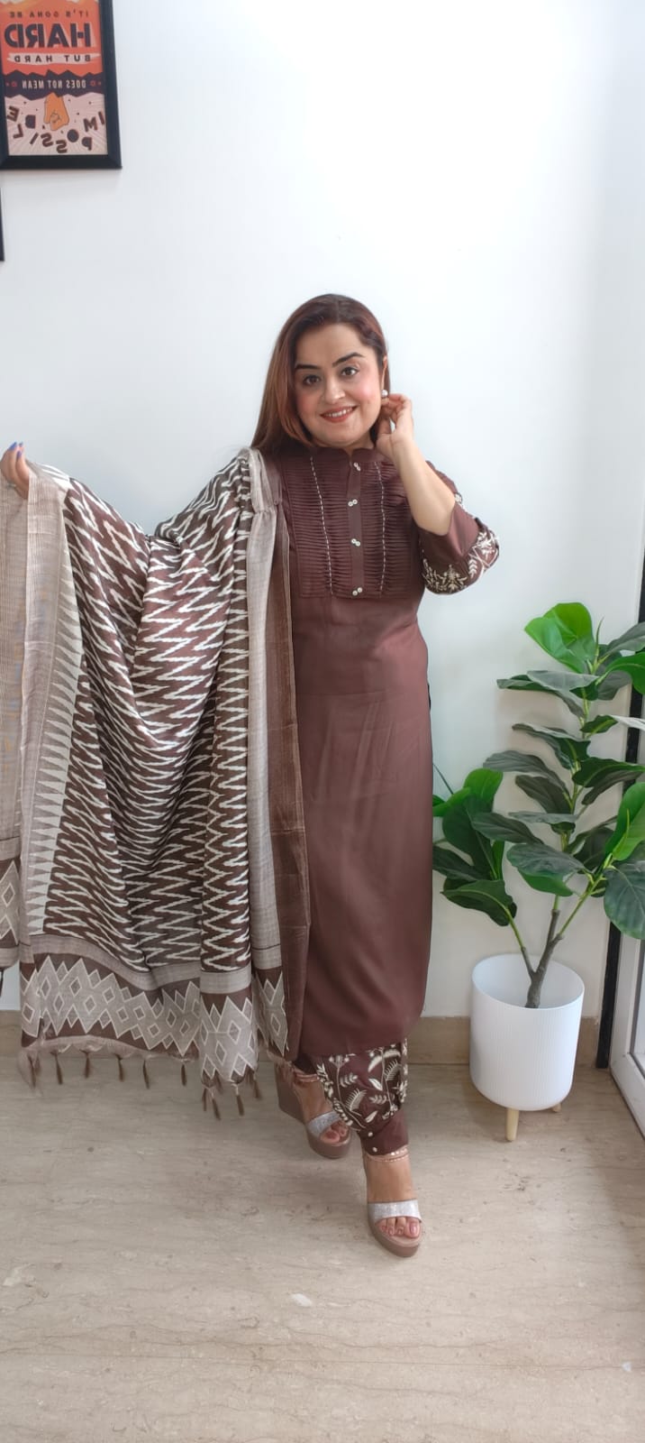 Trendy Brown Cotton Afghani Salwar Suit Set with Designer Dupatta