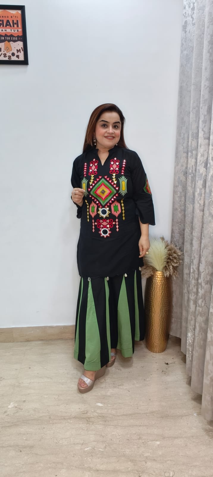 Black Cotton Thread Work Sharara Set