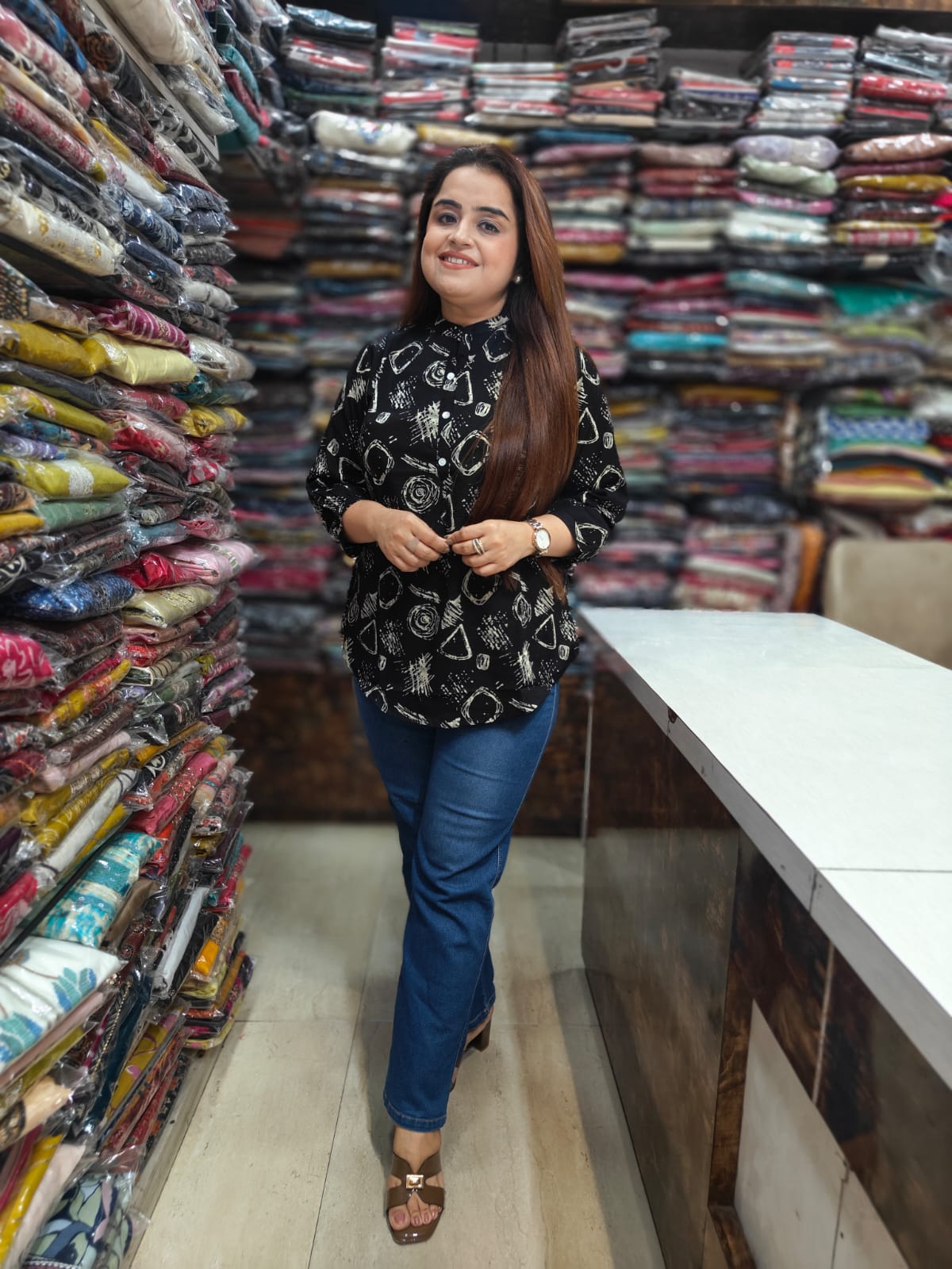 Black Abstract Print Smart Casual Top
