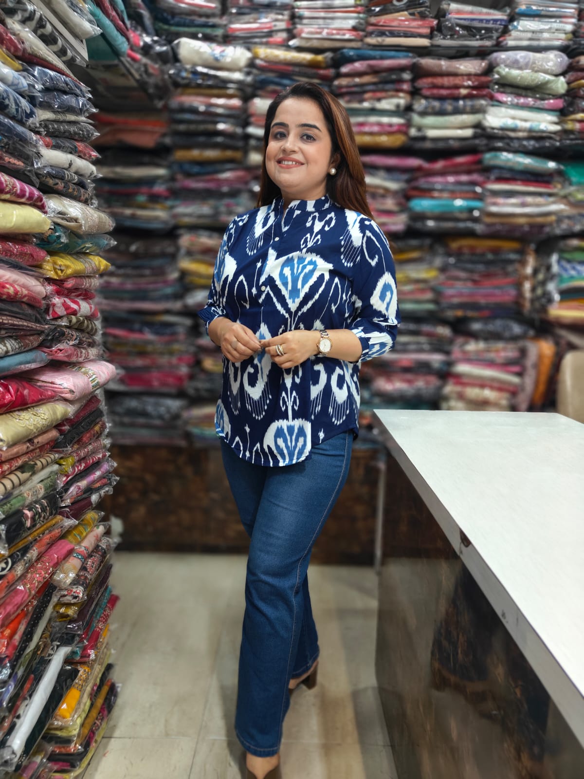Navy Ikat Print Premium Cotton Top