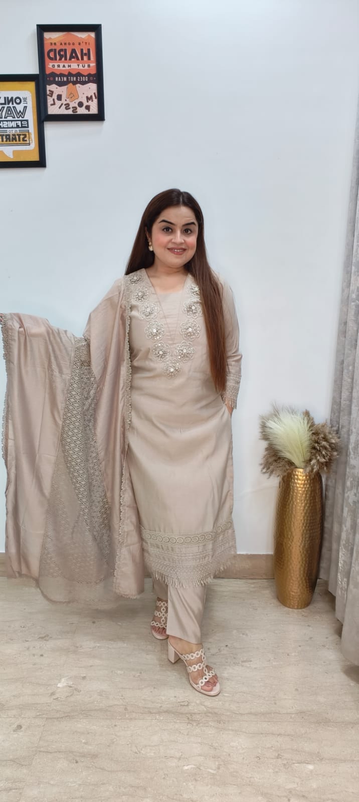 Graceful Beige Muslin Kurti Set with Designer Dupatta