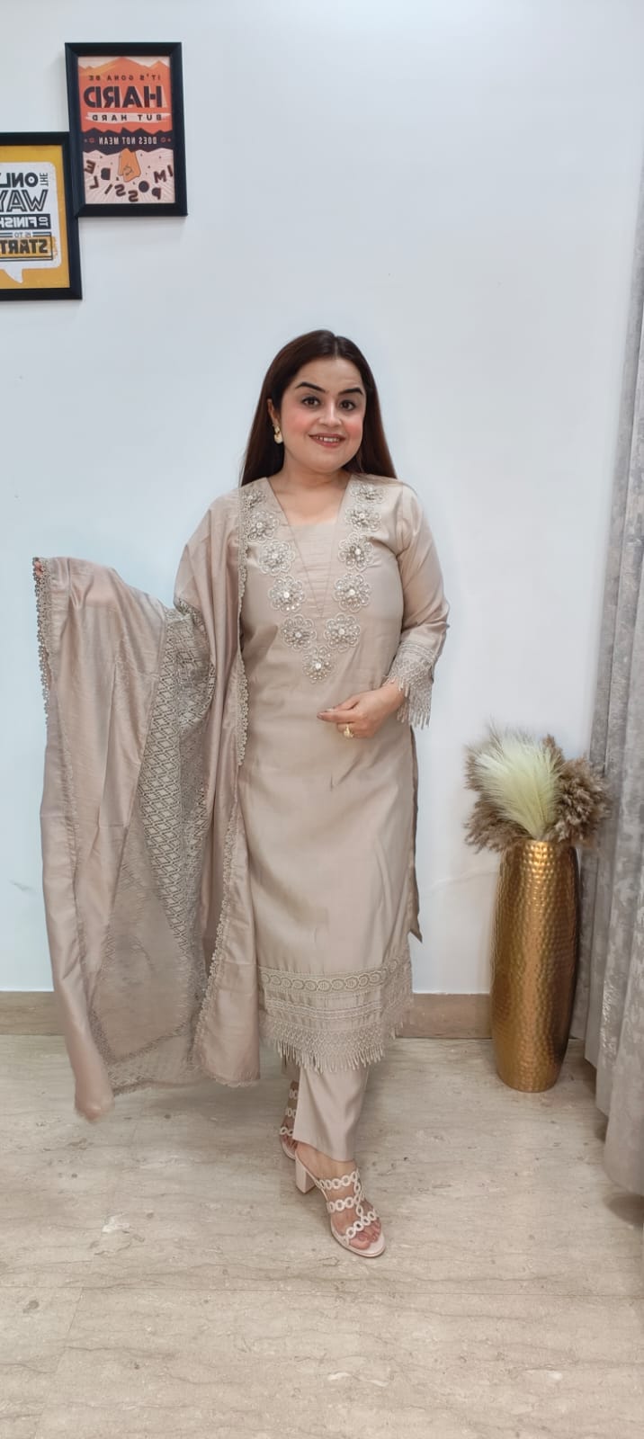 Graceful Beige Muslin Kurti Set with Designer Dupatta