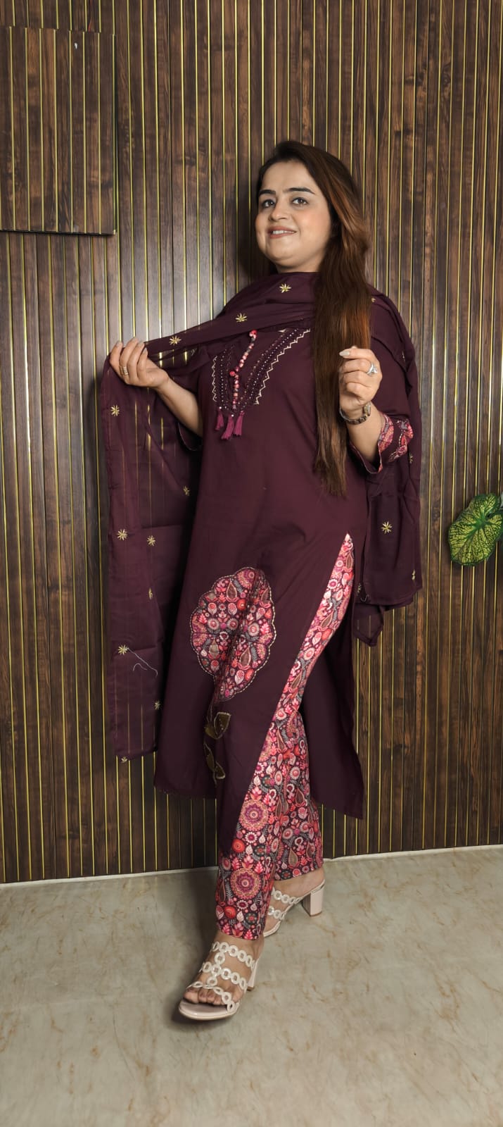 Elegant Purple 3-Piece Kurti Set with Patchwork Detailing & Printed Bottom