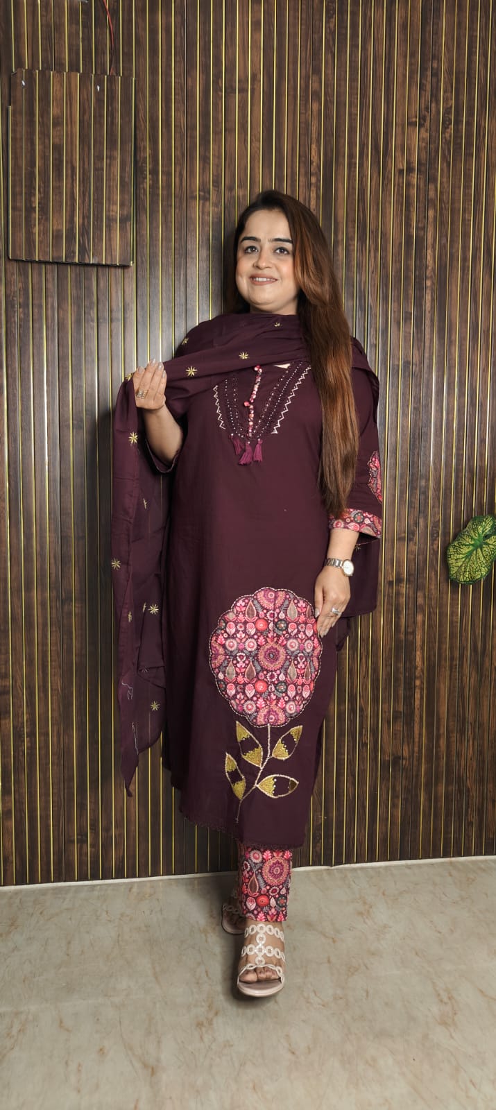 Elegant Purple 3-Piece Kurti Set with Patchwork Detailing & Printed Bottom