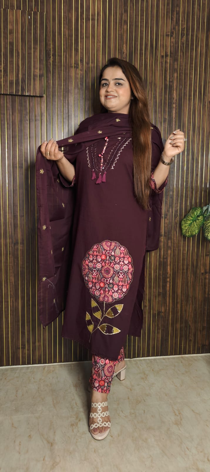 Elegant Purple 3-Piece Kurti Set with Patchwork Detailing & Printed Bottom