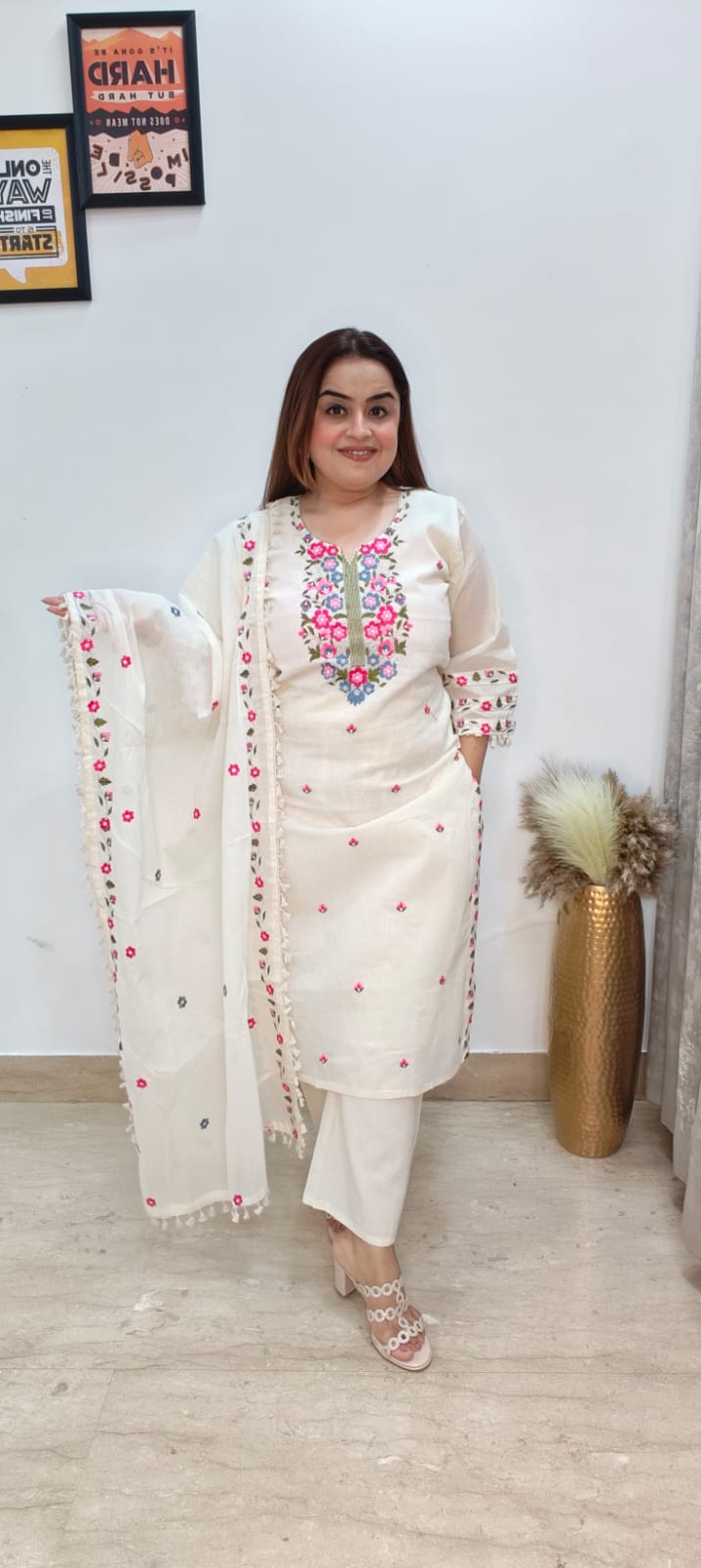 ✨ Elegant White Embroidered Suit Set with Designer Dupatta