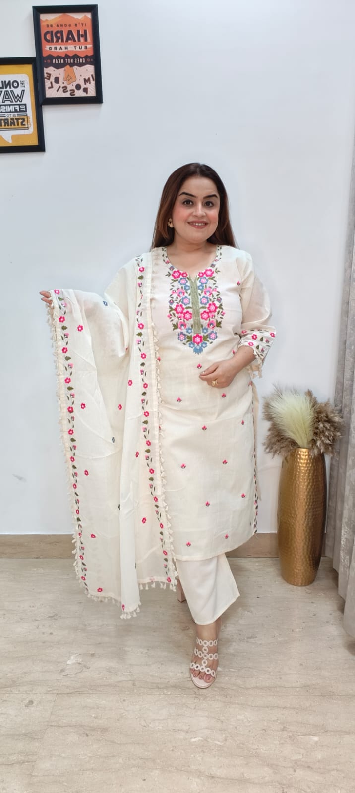 ✨ Elegant White Embroidered Suit Set with Designer Dupatta