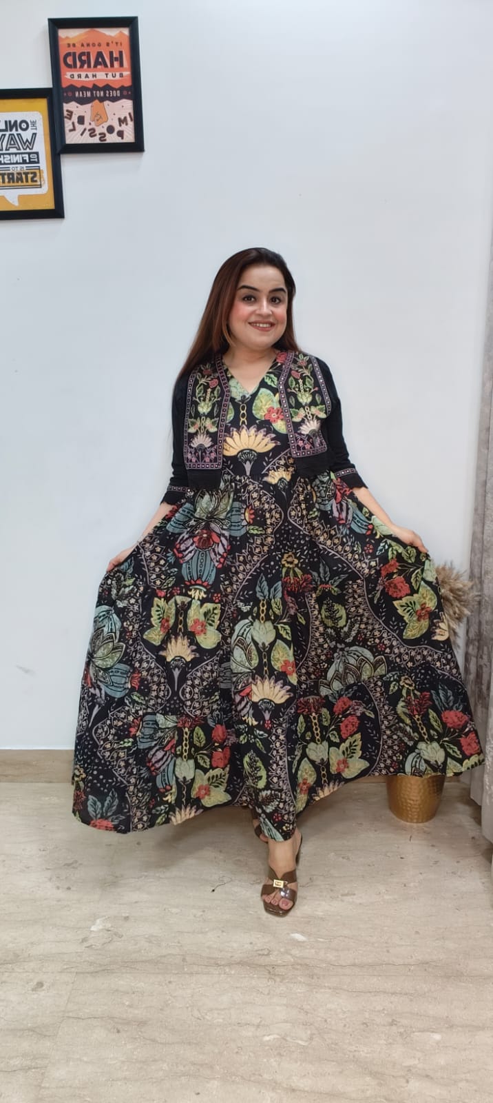 Black Floral Cotton Dress with Embroidered Jacket – Elegant & Effortless