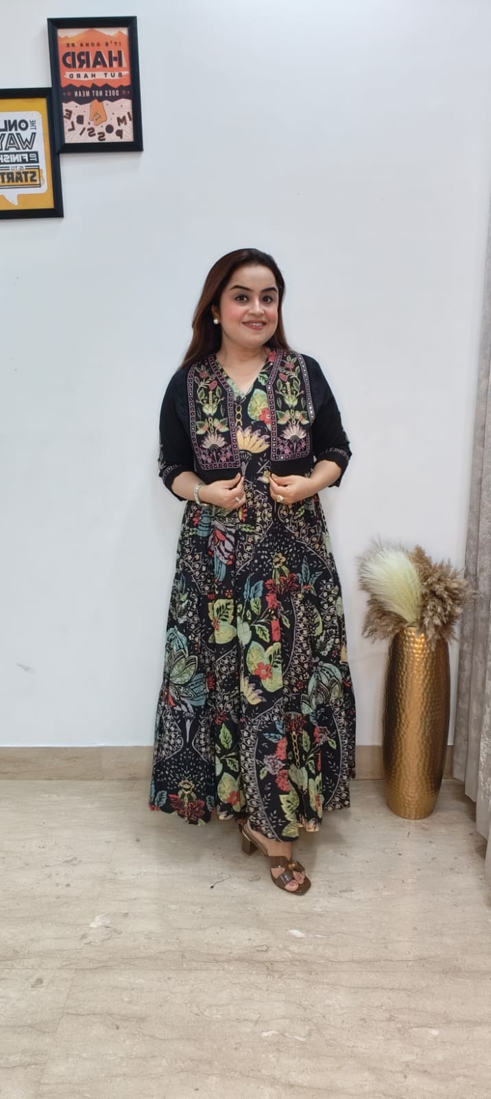 Black Floral Cotton Dress with Embroidered Jacket – Elegant & Effortless