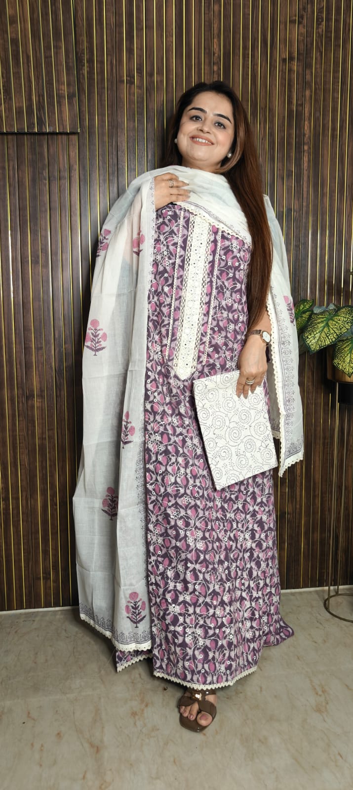 Royal Purple Cotton Chikankari Suit Set with Dupatta