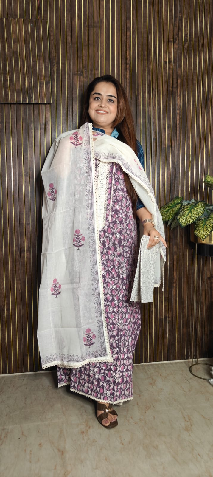 Royal Purple Cotton Chikankari Suit Set with Dupatta