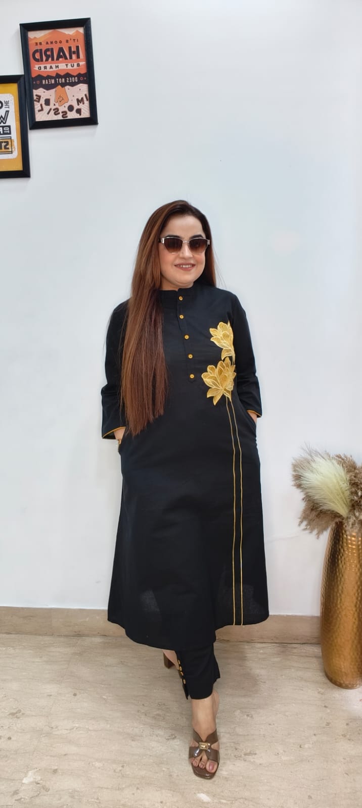 Elegant Black Cotton A-Line Kurti Set with Pockets
