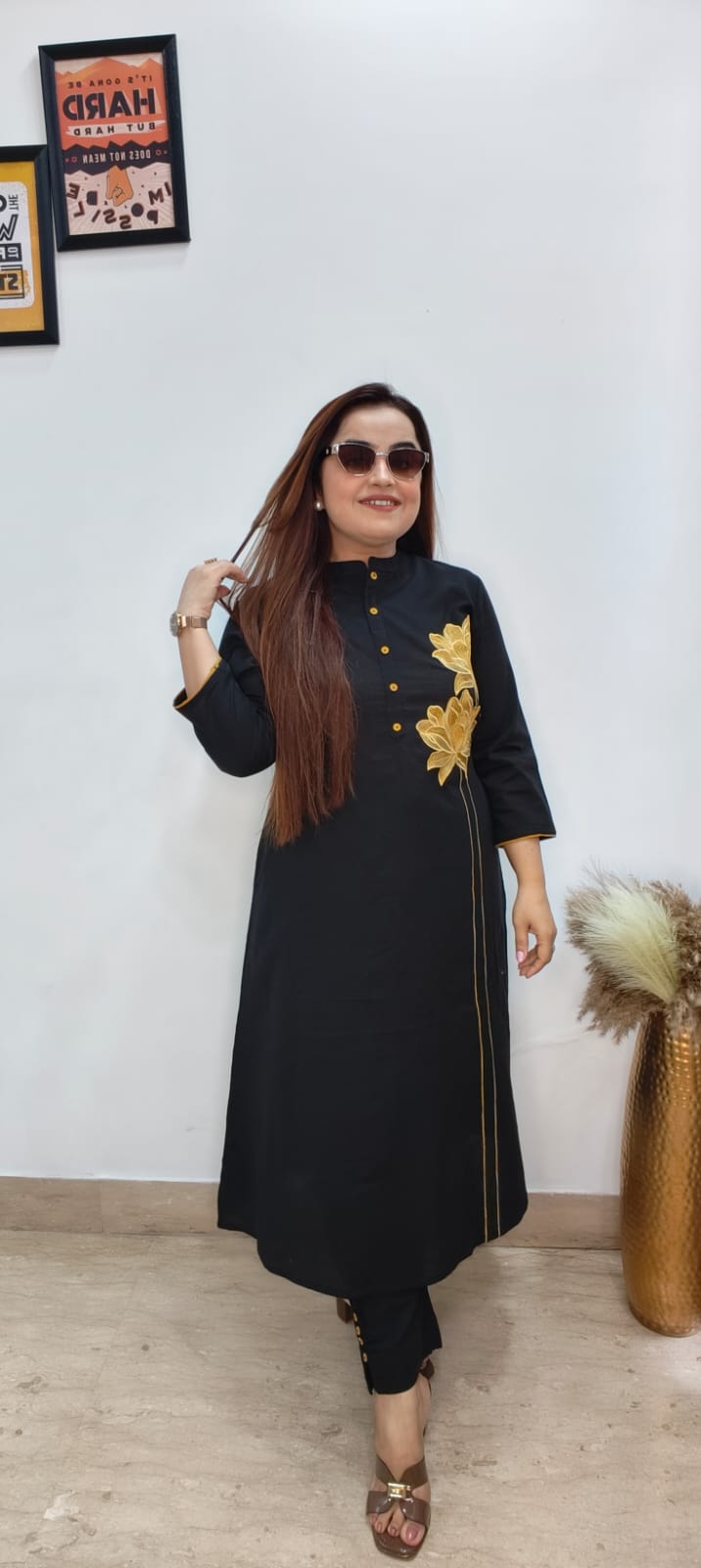 Elegant Black Cotton A-Line Kurti Set with Pockets