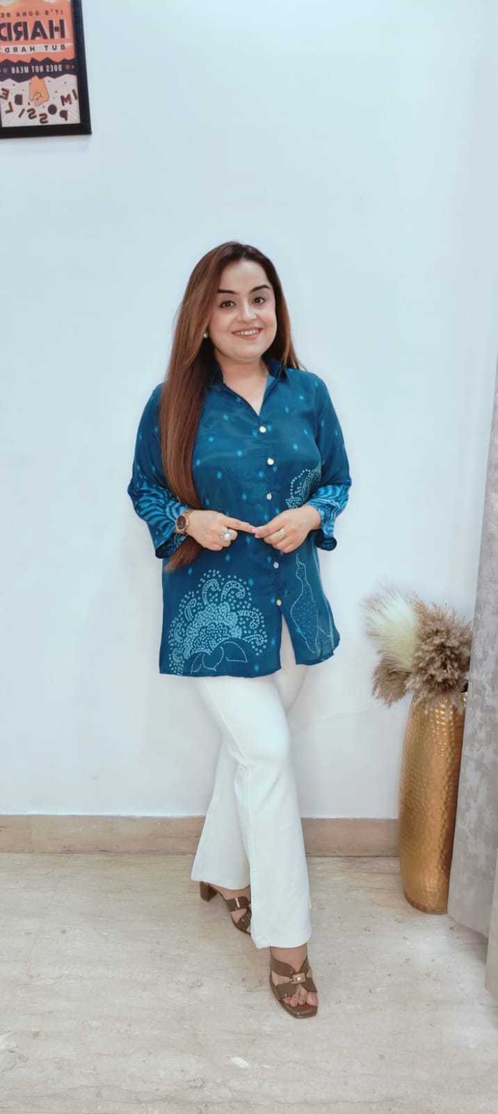 Elegant Teal Printed Shirt Top