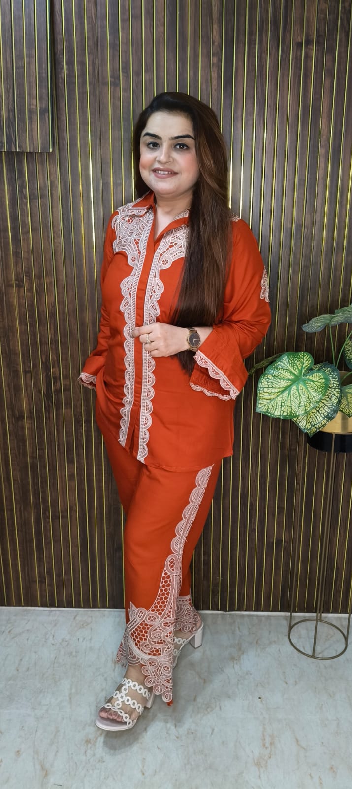 Rust Cotton Co-ord Set with Designer Thread Work