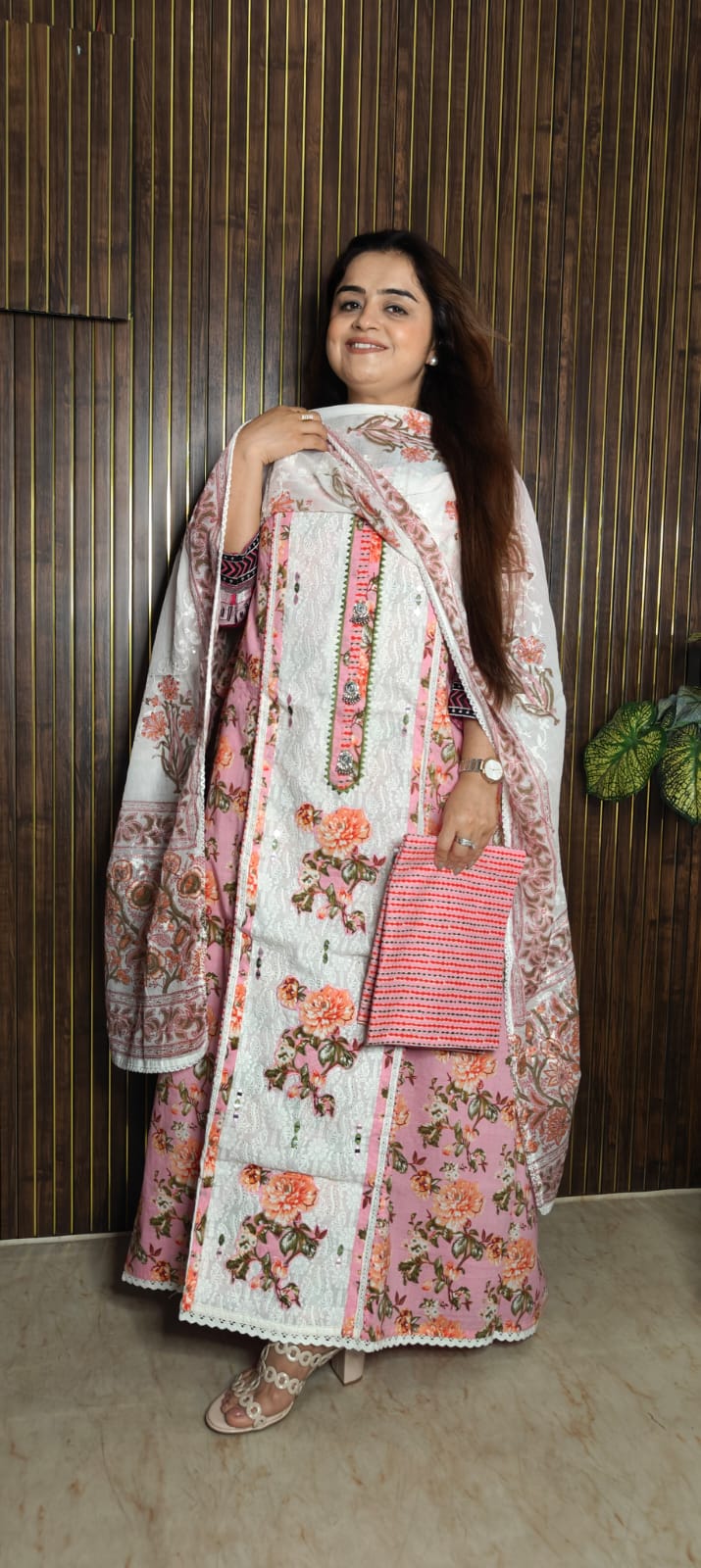 Pink Floral Cotton Chikankari Suit Set