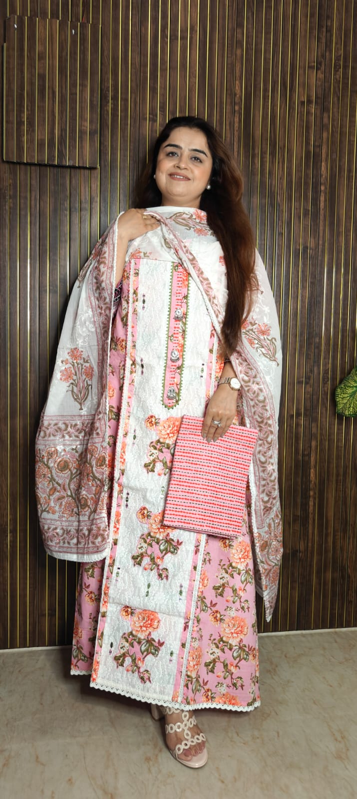 Pink Floral Cotton Chikankari Suit Set
