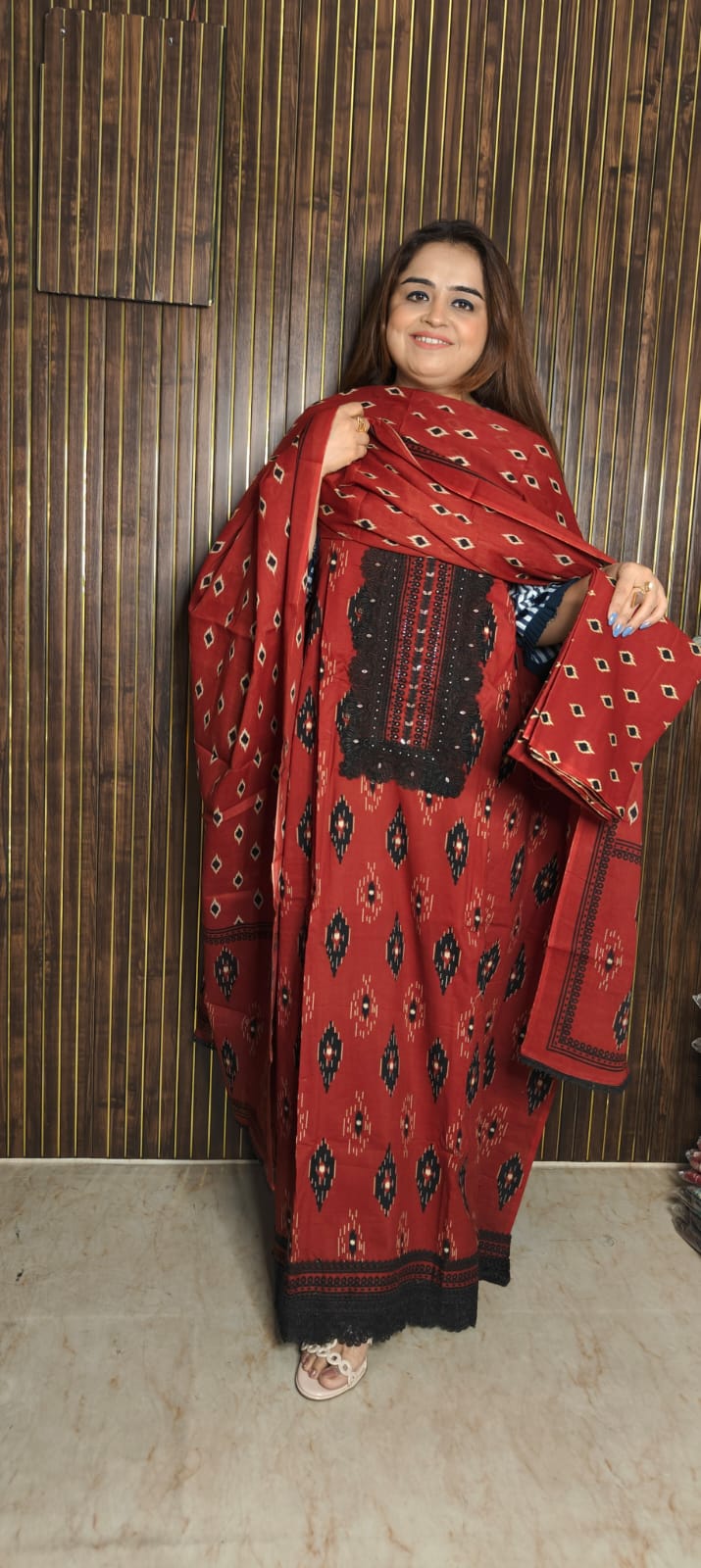 Pure Cotton Ikat Print Suit with Lace Work Detailing