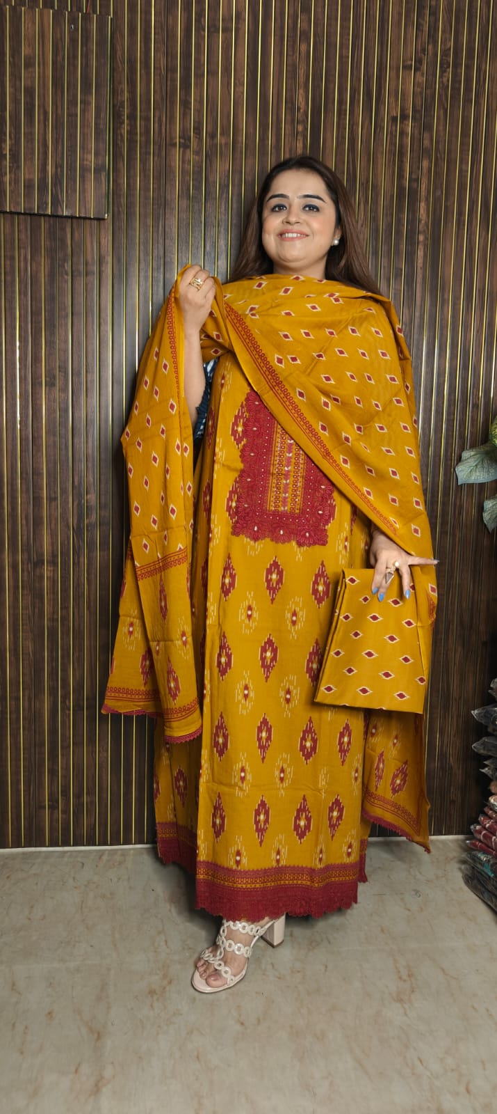 Pure Cotton Ikat Print Suit with Lace Work Detailing