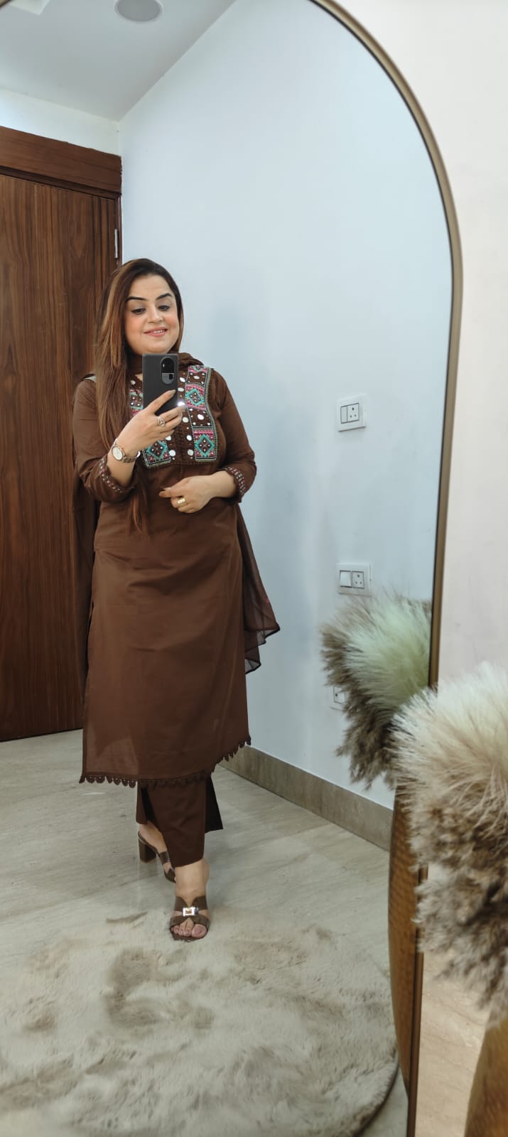 Brown Cotton Kurti Set with Elegant Thread & Mirror Work Neckline