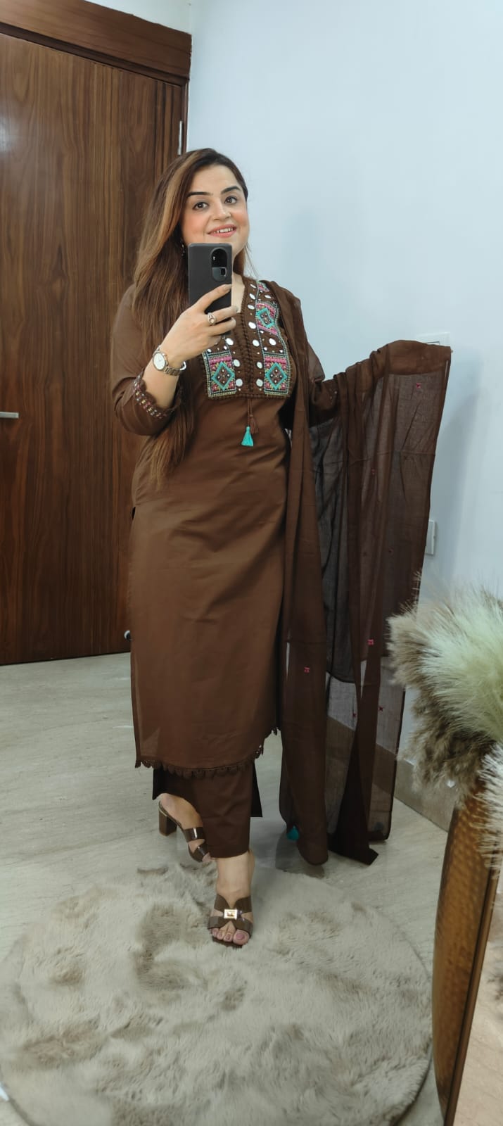 Brown Cotton Kurti Set with Elegant Thread & Mirror Work Neckline