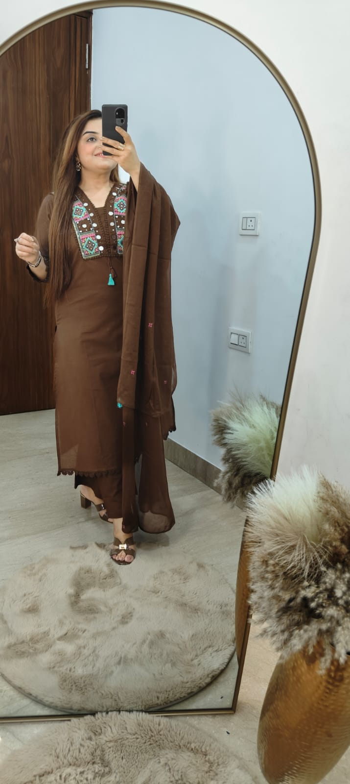 Brown Cotton Kurti Set with Elegant Thread & Mirror Work Neckline