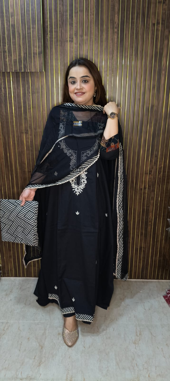 "Black Designer Suit with Hand Embroidery & Chiffon Dupatta."
