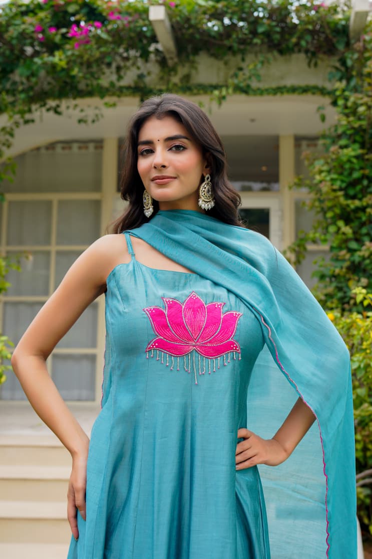 Elegant Blue Muslin Readymade Noodle Strap Suit 💙