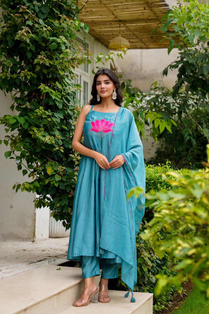 Elegant Blue Muslin Readymade Noodle Strap Suit 💙