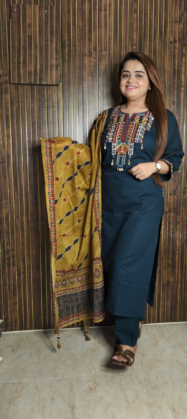 Traditional Teal Cotton Kurti Set