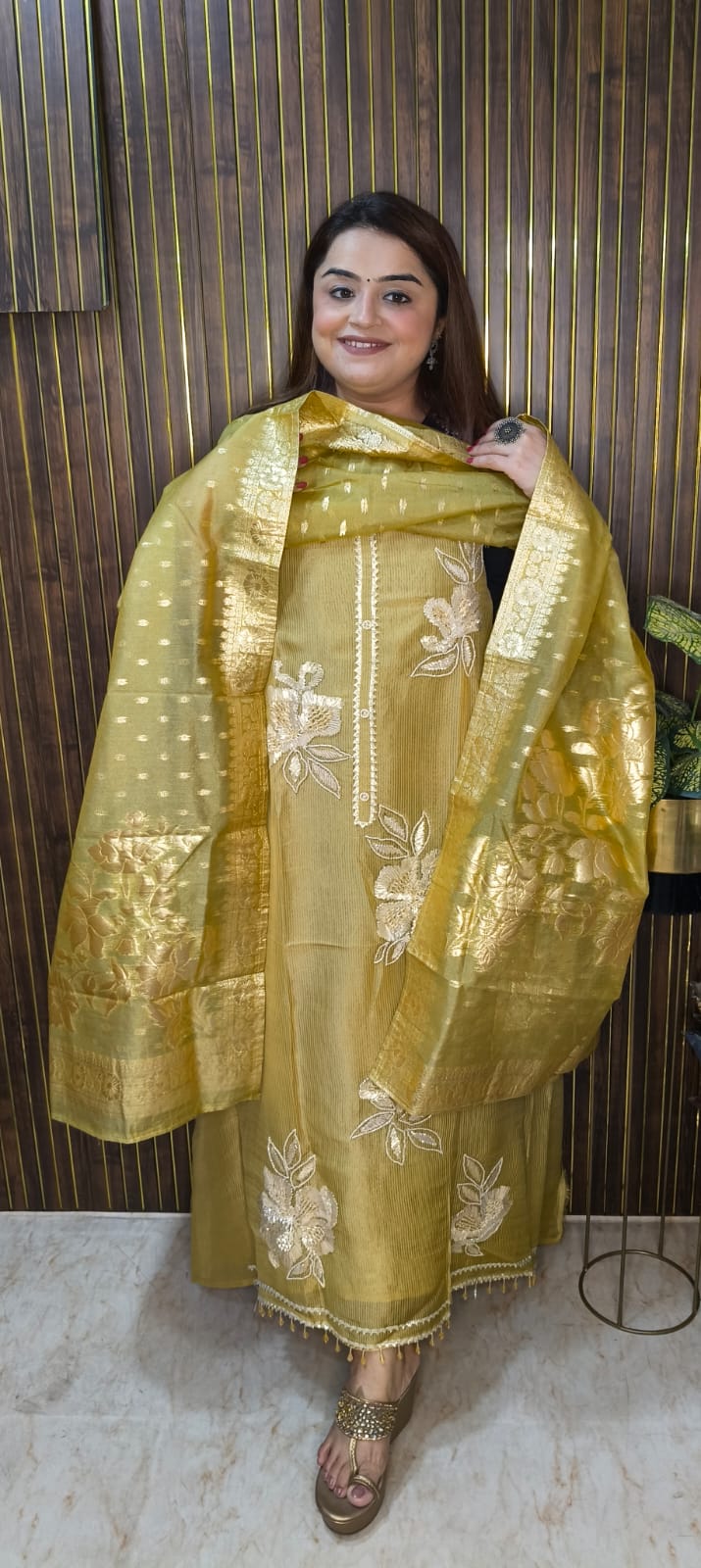 Golden Glow Shimmer Suit with Banarasi Dupatta