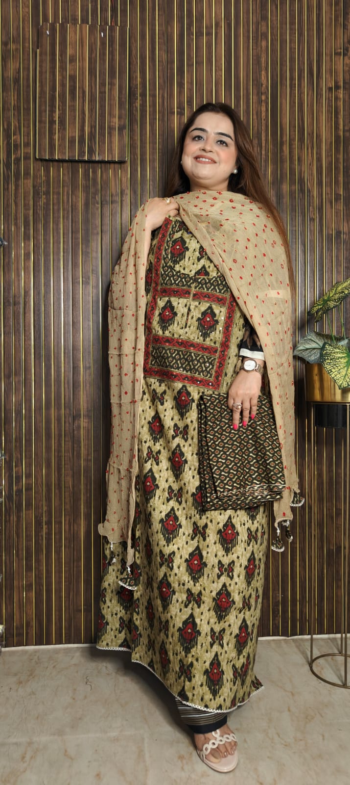 Premium Soft Cotton Patola Suit Set with Bandhani Chiffon Dupatta | Brown & Green Elegance